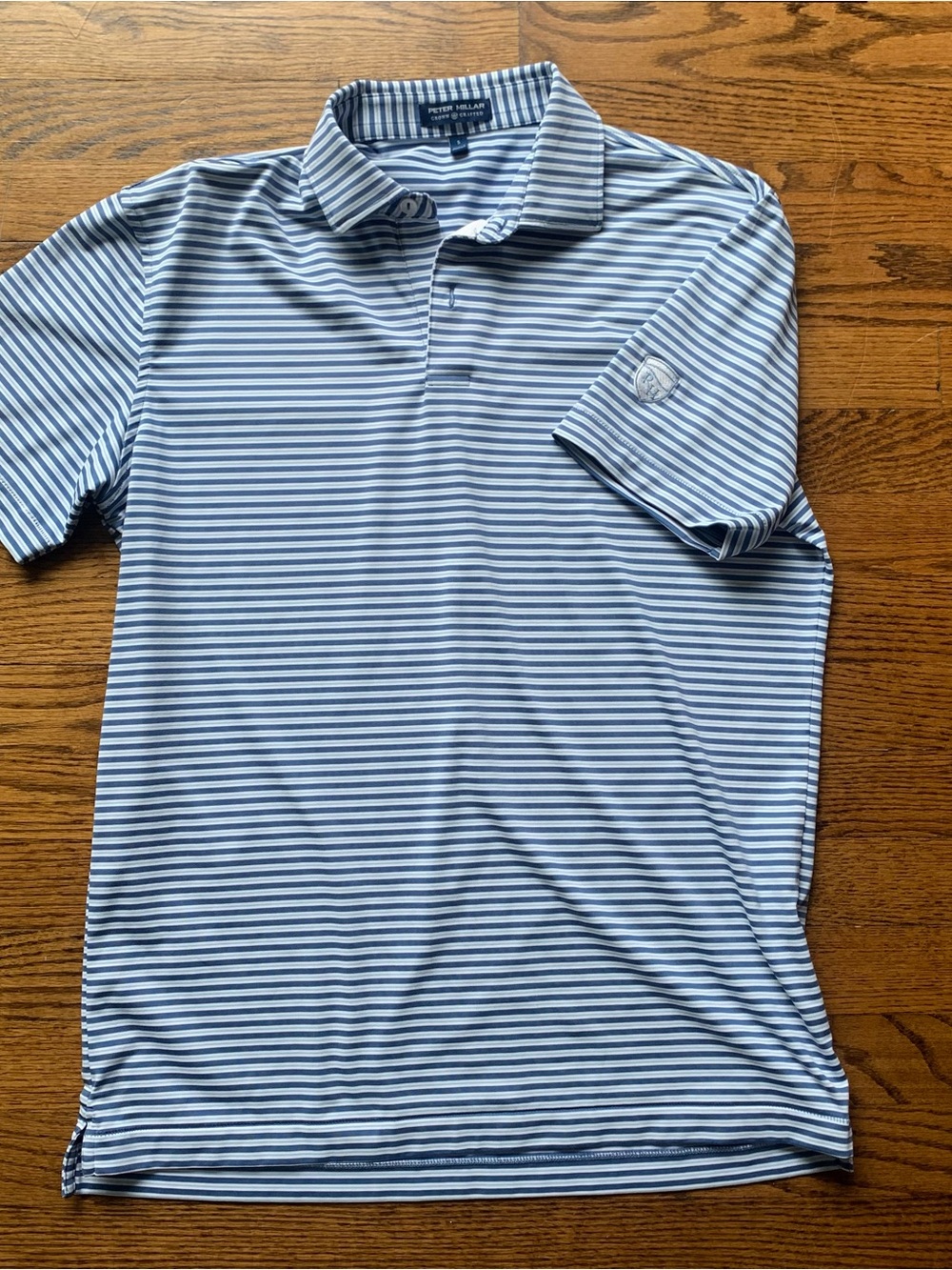 Peter Millar Blue Navy White Striped Polo Golf Shirt Sz S w Club Logo Looks New
